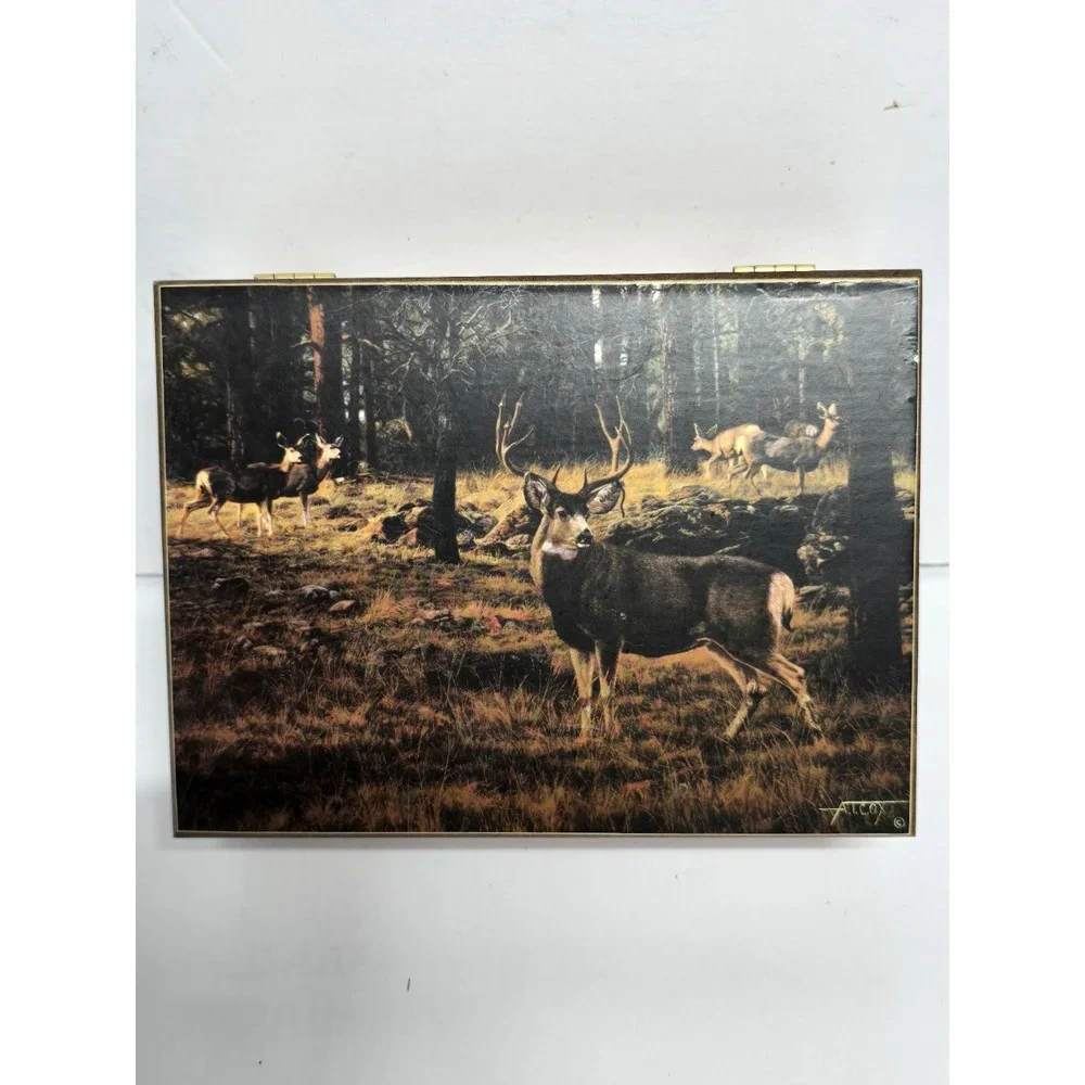 Vtg Deer Picture‎ Cedar Jewelry Box Mule Deer Picture Trinket A.T. Cox Hunter